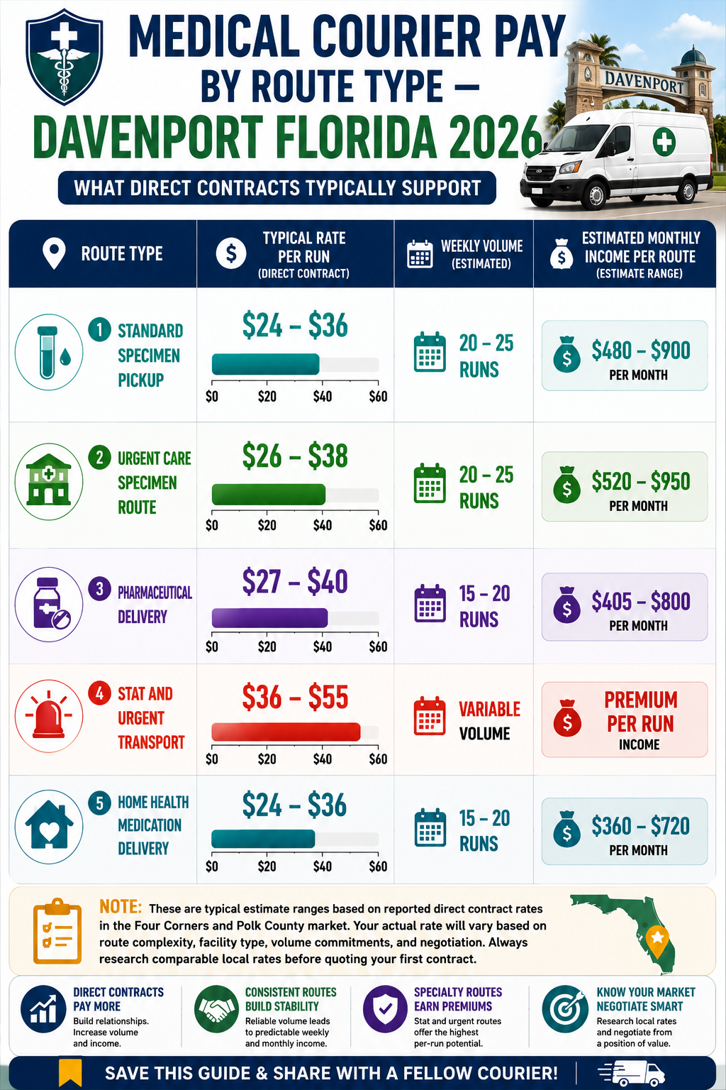 Medical Courier Pay by Route Type — Davenport Florida 2026