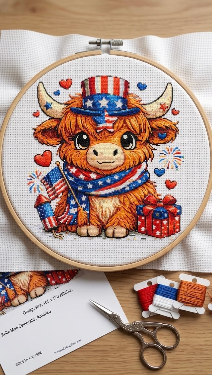 A realistic mockup of a finished cross stitch piece inside a wooden embroidery hoop, showcasing a cute, fluffy highland cow wearing a patriotic red, white, and blue hat and scarf next to an American flag.