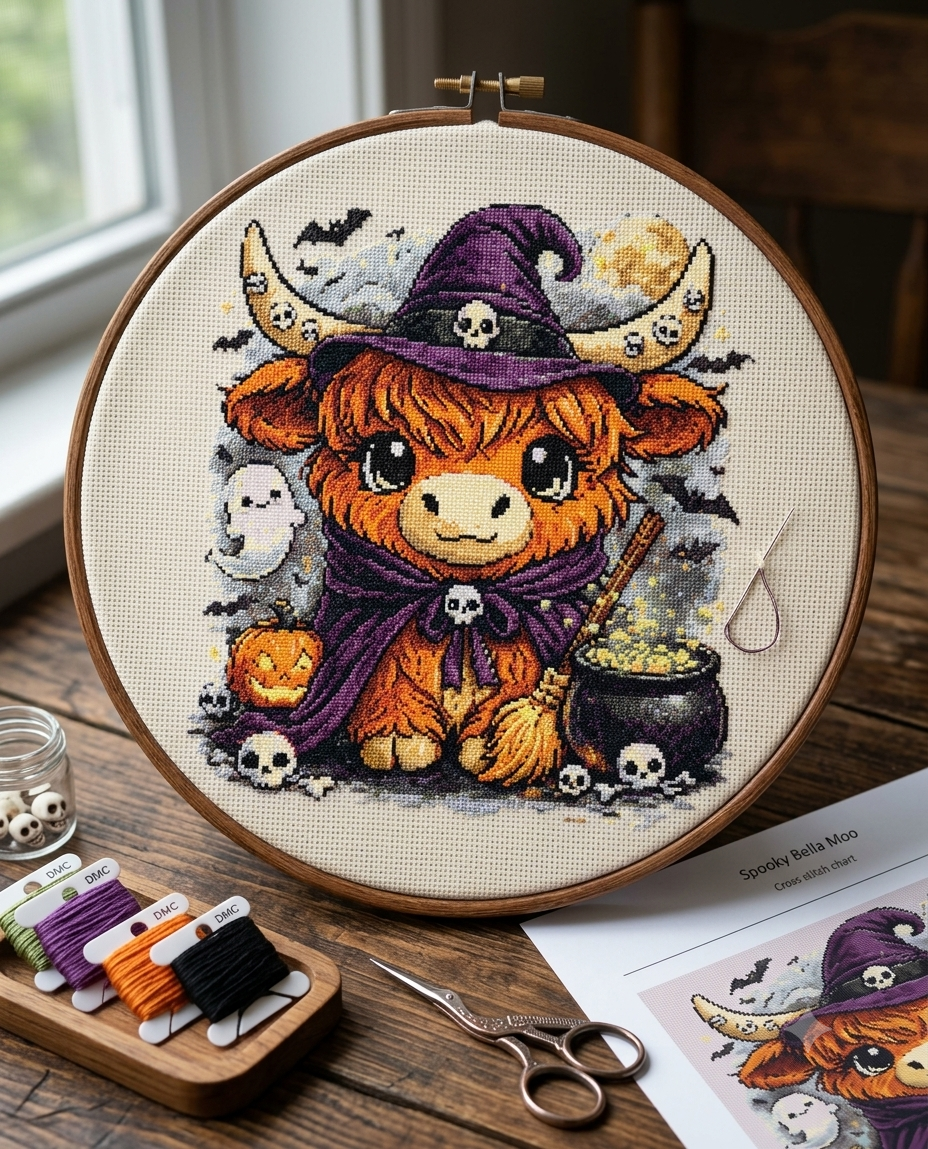 A realistic mockup of the completed Spooky Bella Moo cross stitch pattern displayed inside a round wooden embroidery hoop on a rustic table. The stitched piece shows a fluffy orange highland cow wearing a purple witch hat and cape, surrounded by a ghost,