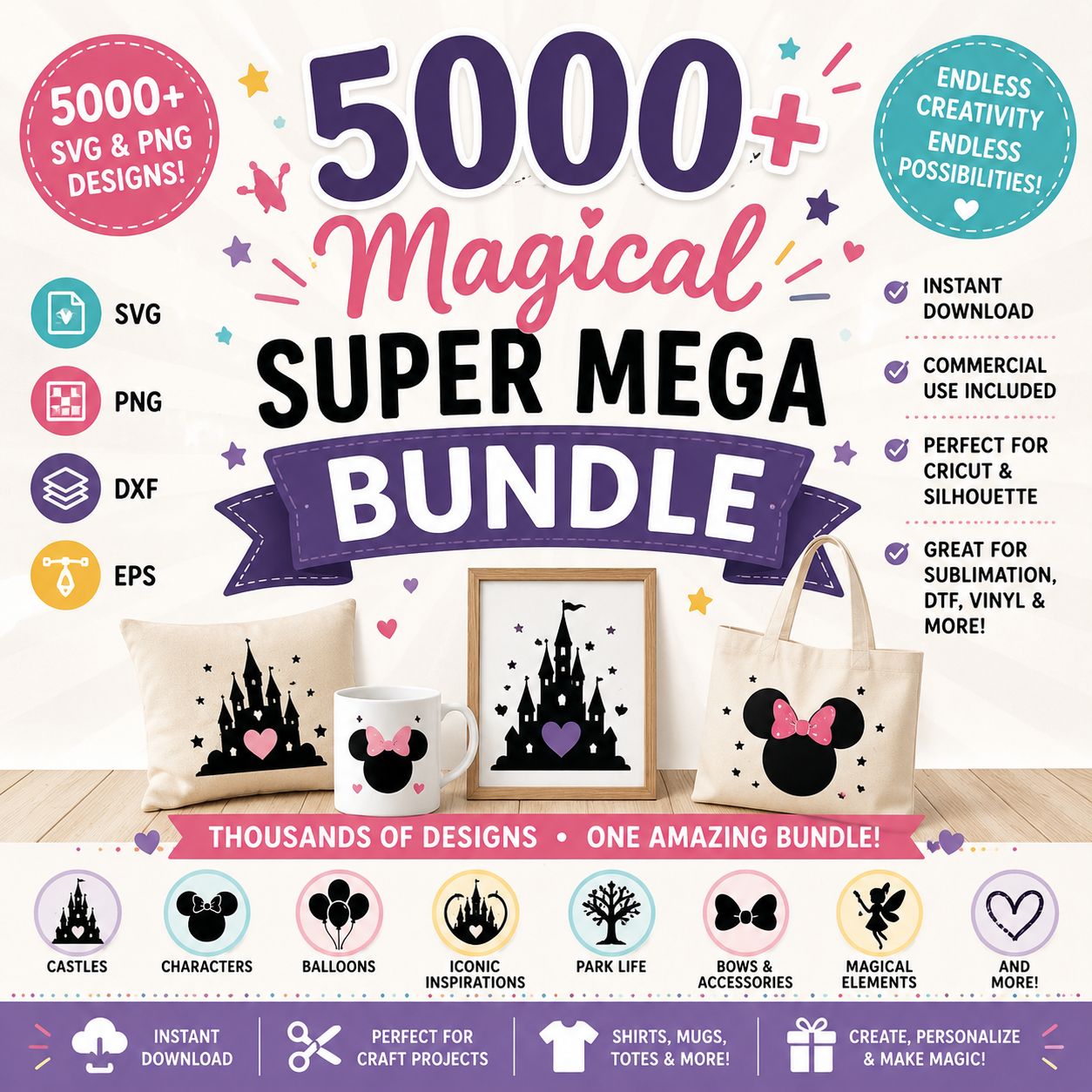 5000+ Disney inspired SVG PNG mega bundle for Cricut, Silhouette, sublimation, DTF, and DIY craft projects