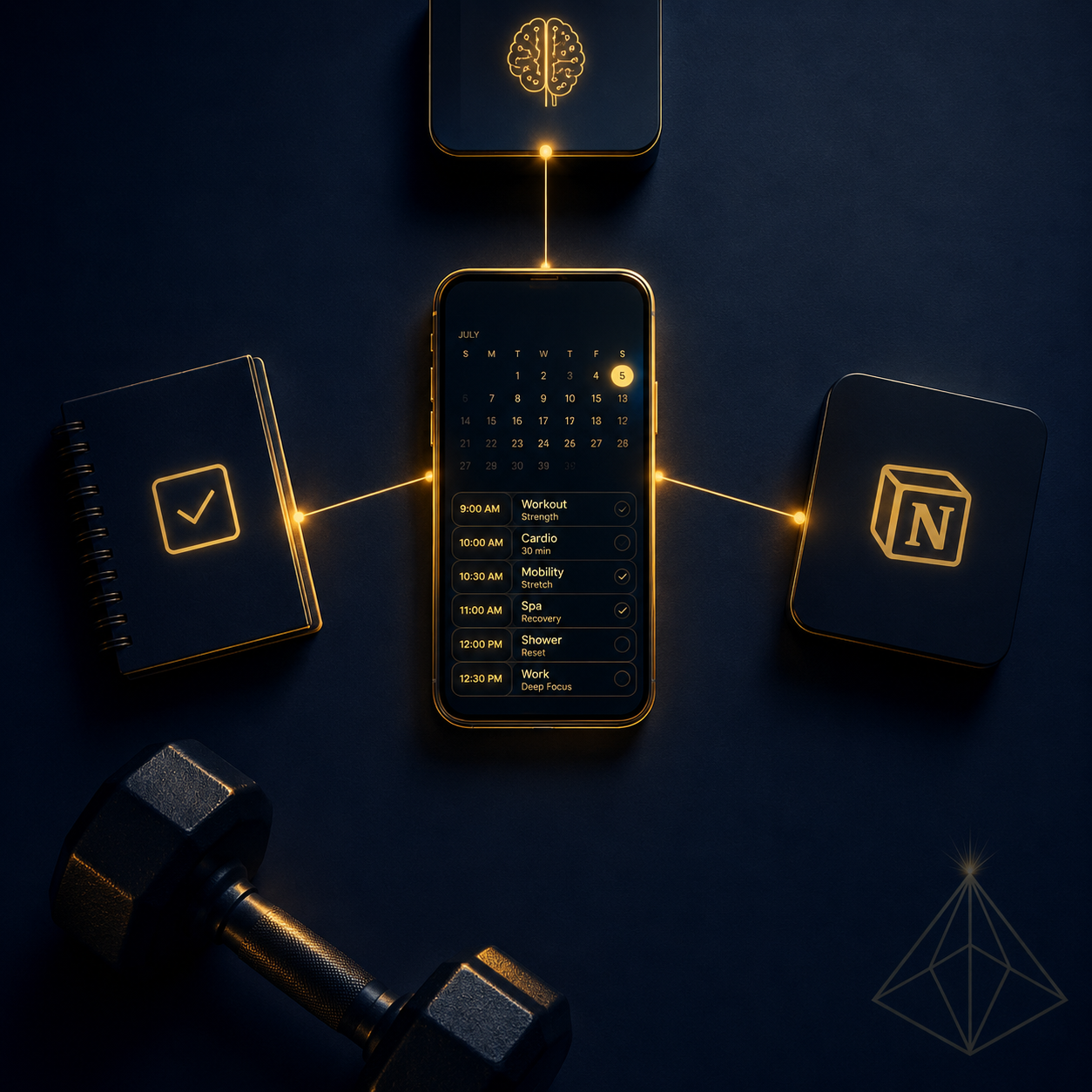 The Visible Practitioner cover for the Gym Autopilot build guide, July 2026. A smartphone glowing gold on deep navy showing a planned workout calendar, connected by gold lines to Notion and a checklist, with a dumbbell below, representing an AI system bui