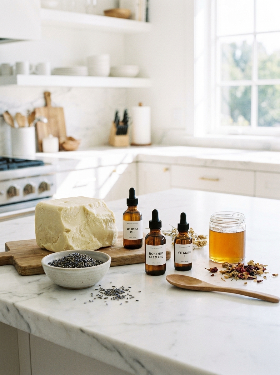 A clean workspace featuring natural skincare ingredients like shea butter and essential oils, demonstrating how to make homemade cosmetics.
