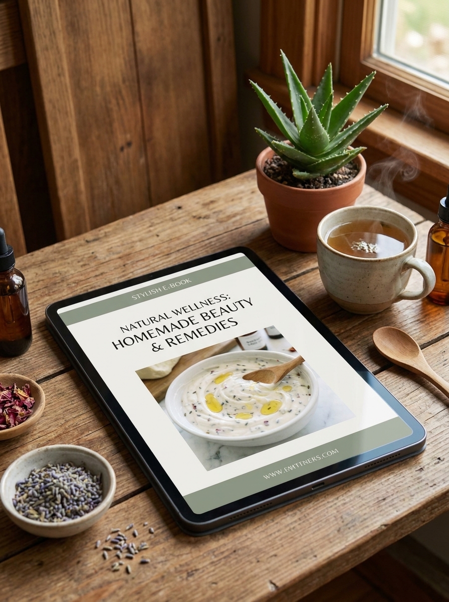 A digital tablet displaying a natural beauty guide, perfect for instantly downloading healthy skincare recipes and tutorials.