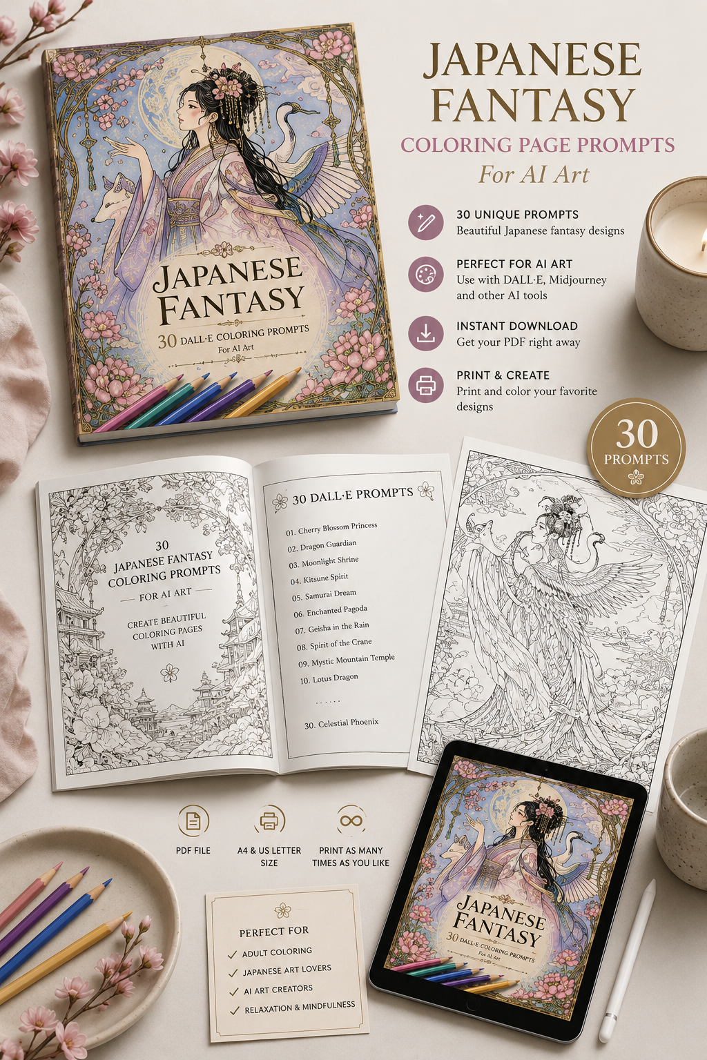 Japanese fantasy coloring page prompts for AI art, shown as a printable PDF prompt book with coloring pages, colored pencils and tablet preview