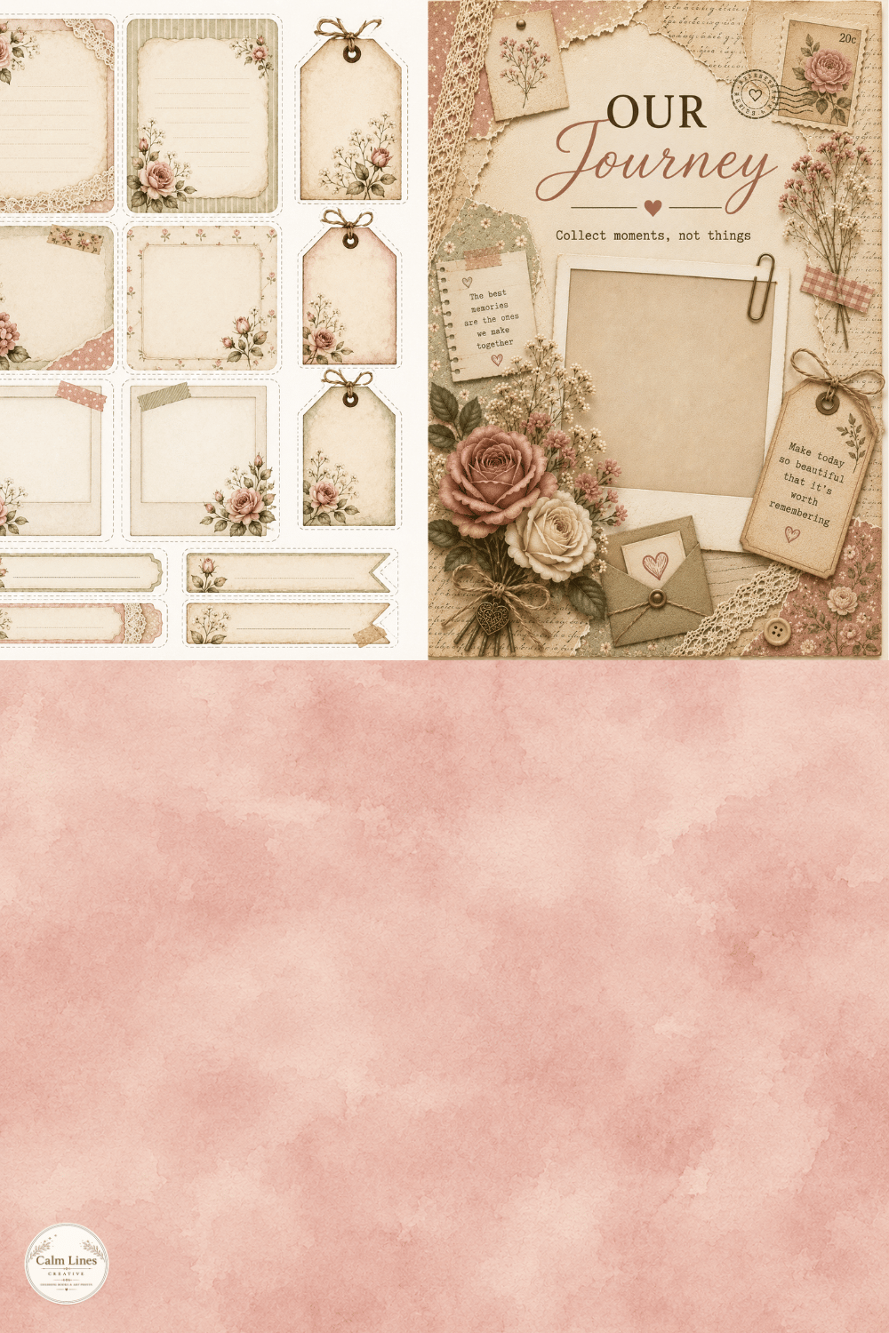 Vintage Rose & Sage journaling cards, printable tags and dusty rose background paper