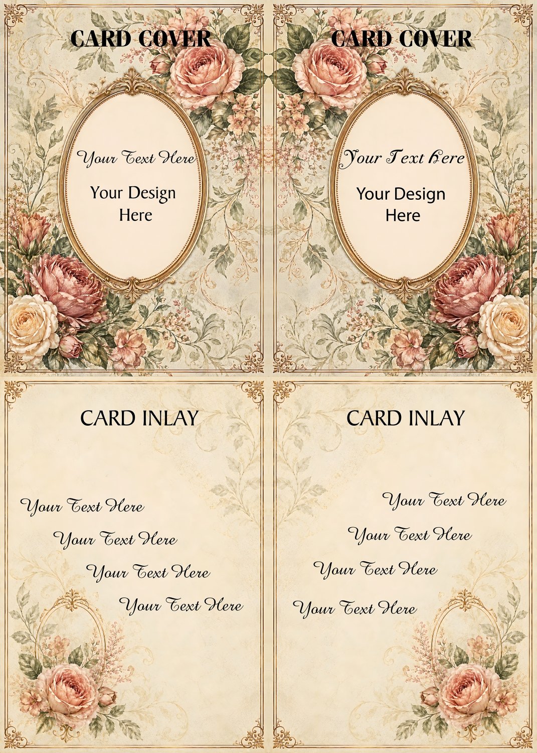 Elegant romantic floral greeting card templates with printable card covers and inlays. Includes PNG, JPG, and PDF files at 300 DPI with a commercial use license. Perfect for wedding cards, anniversary stationery, love notes, bridal shower cards, printable