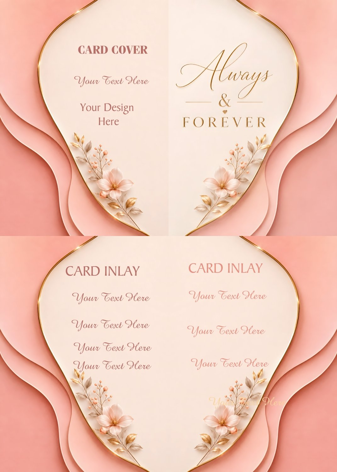Elegant romantic floral greeting card templates with printable card covers and inlays. Includes PNG, JPG, and PDF files at 300 DPI with a commercial use license. Perfect for wedding cards, anniversary stationery, love notes, bridal shower cards, printable