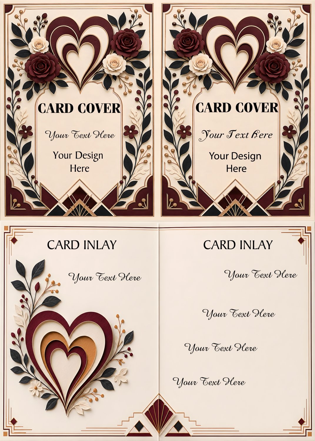 Elegant romantic floral greeting card templates with printable card covers and inlays. Includes PNG, JPG, and PDF files at 300 DPI with a commercial use license. Perfect for wedding cards, anniversary stationery, love notes, bridal shower cards, printable