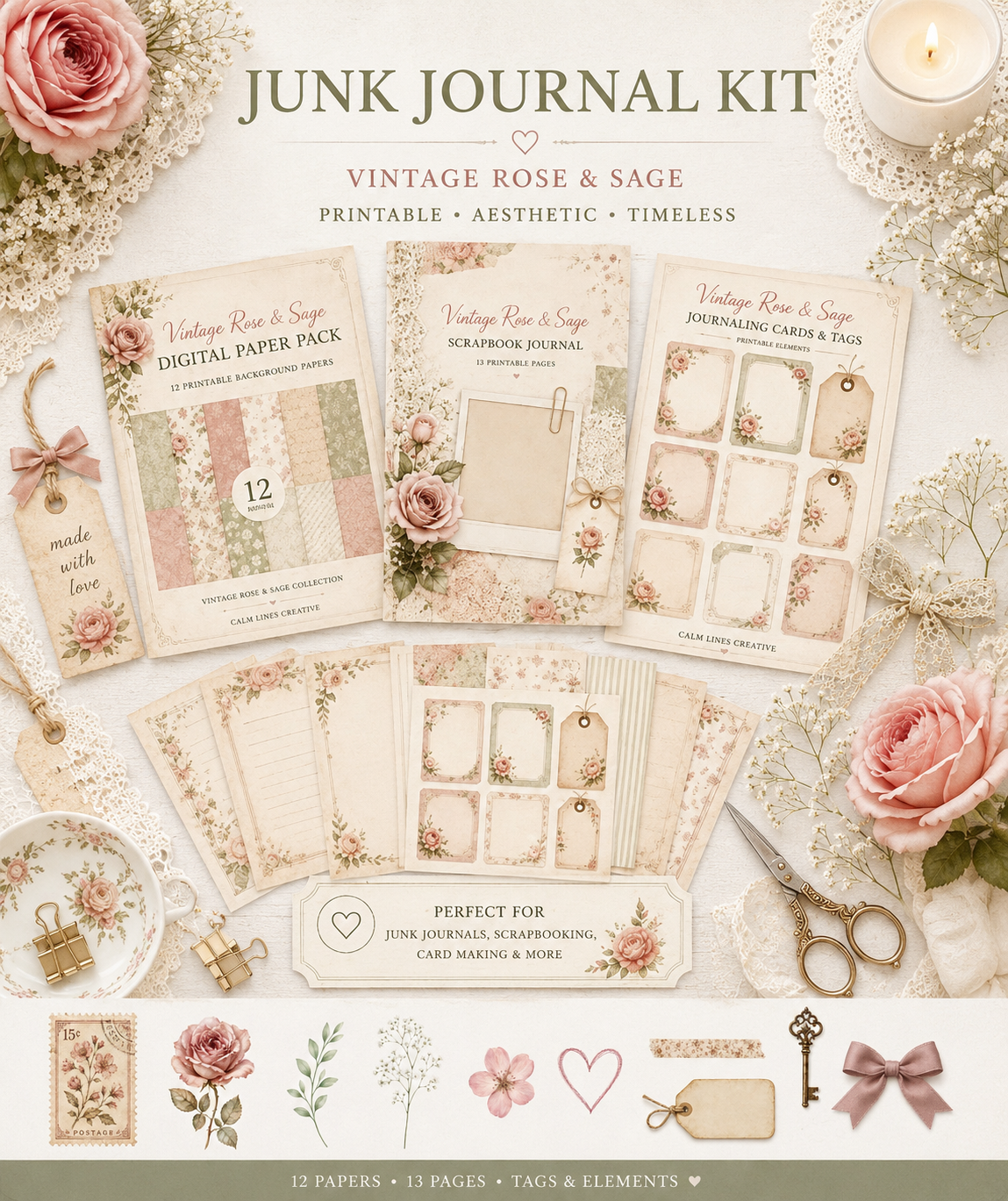 Vintage Rose & Sage printable junk journal kit with floral scrapbook papers, journal pages, cards and tags