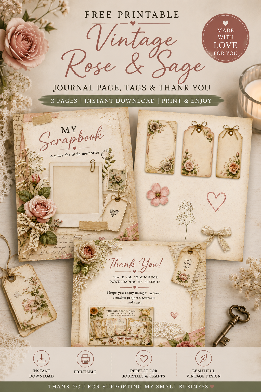 Free vintage rose printable tags, journal page and floral ephemera in dusty rose and sage green