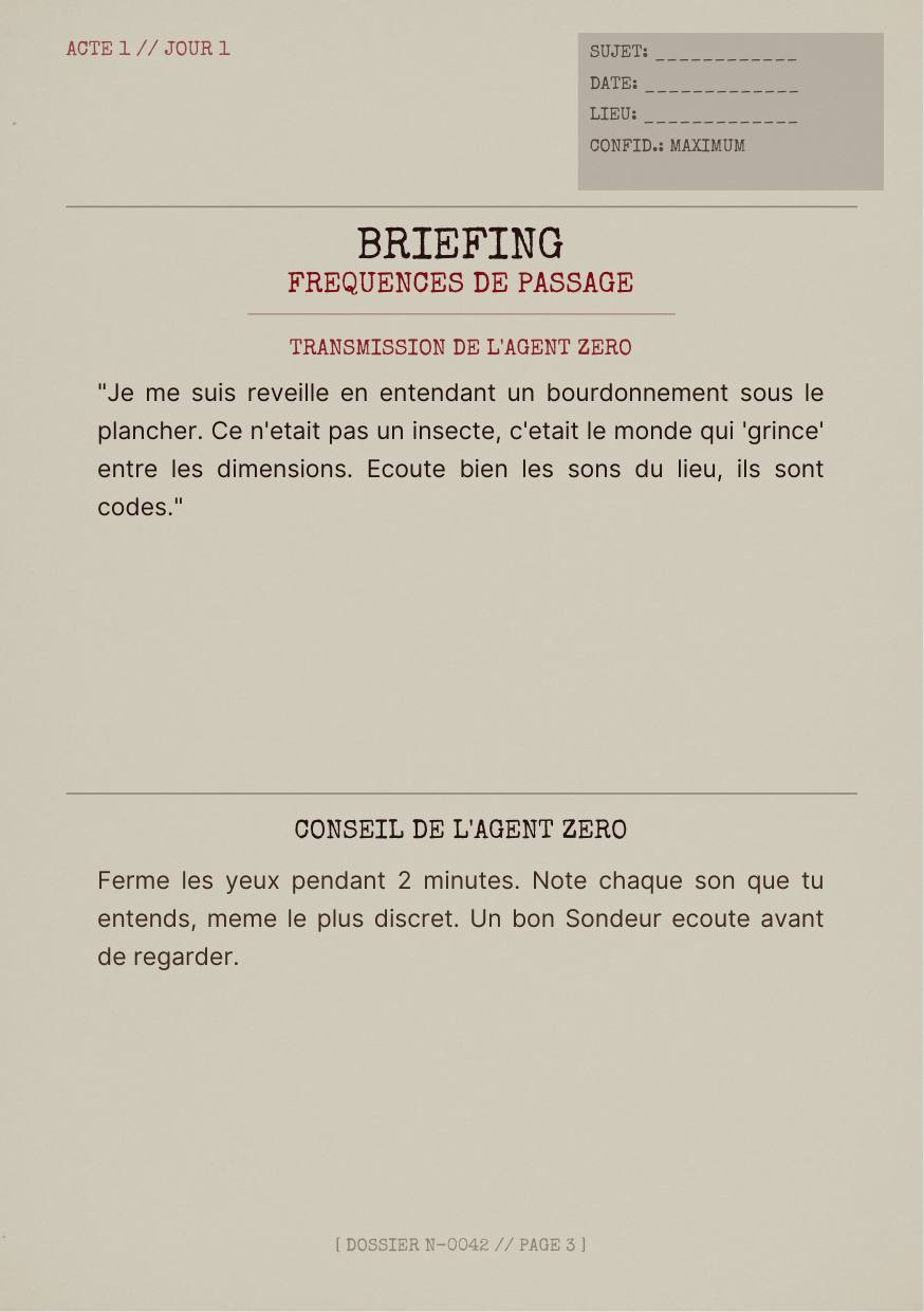Page briefing du Jour 1 du carnet Le Codex des Mondes Invisibles, mission découte des sons