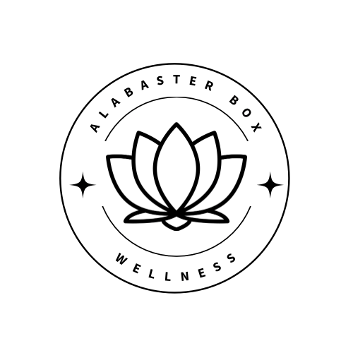 The Alabaster Box Bookshop logo featuring a lotus flower representing women’s health, wellness, and holistic healing.