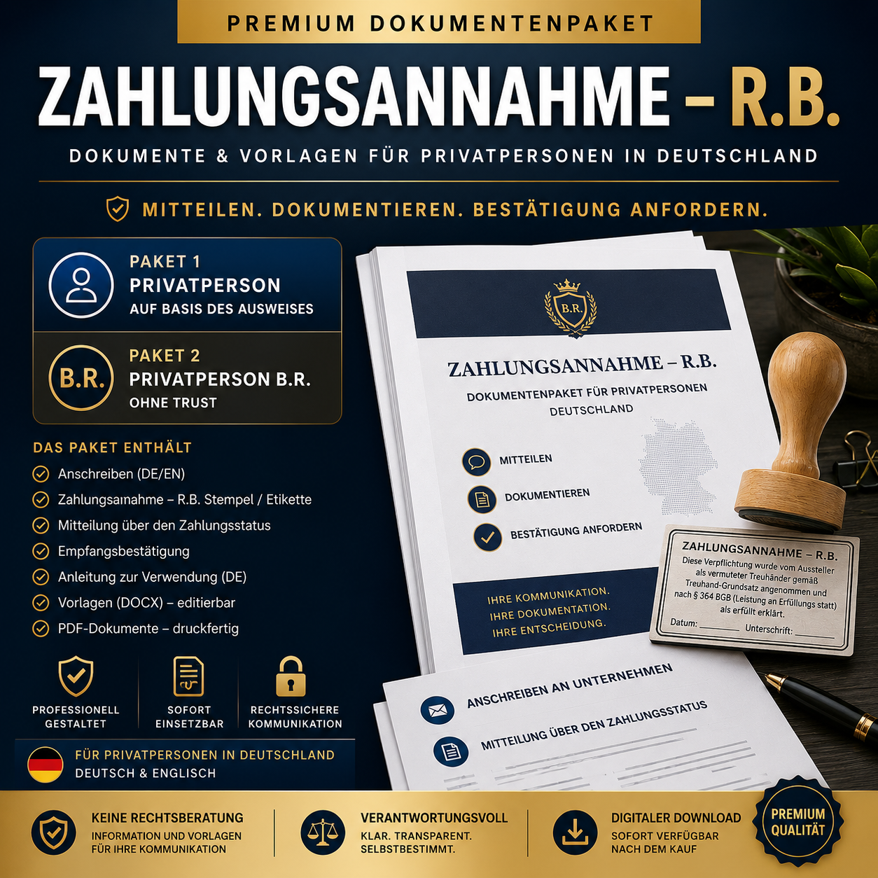 #Zahlungsannahme #Dokumentenpaket #LeistungAnErfüllungsStatt #BGB364 #Musterbrief #Treuhand #RegisteredBeneficiary #DebtSettlement #LegalTemplatesDE #Privatperson #PremiumDownload #LegalDIY