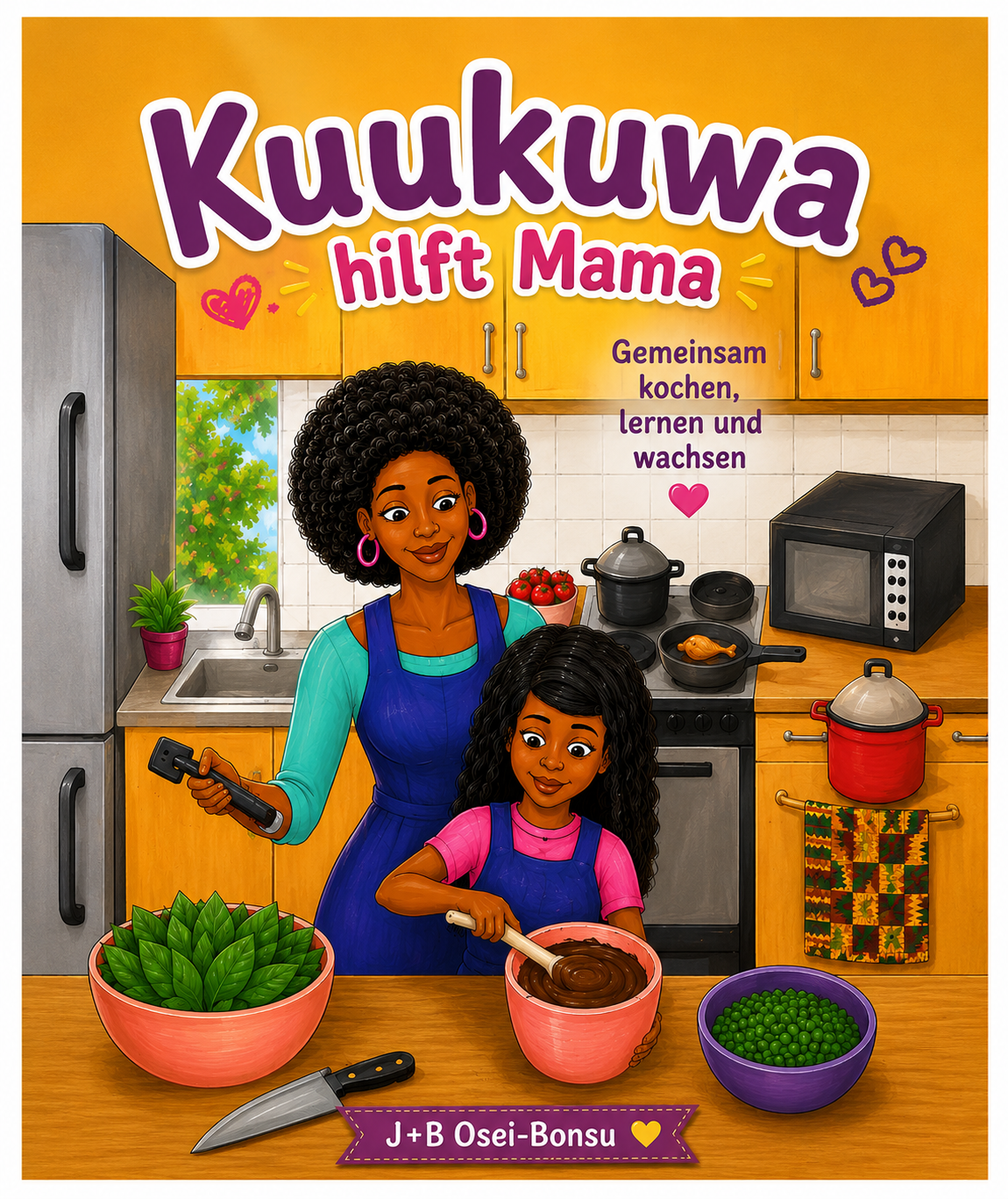 Kinderbuch "Kuukuwa hlft Mama" - Ein Mädchen hilft seiner Mama beim Kochen in der Küche.