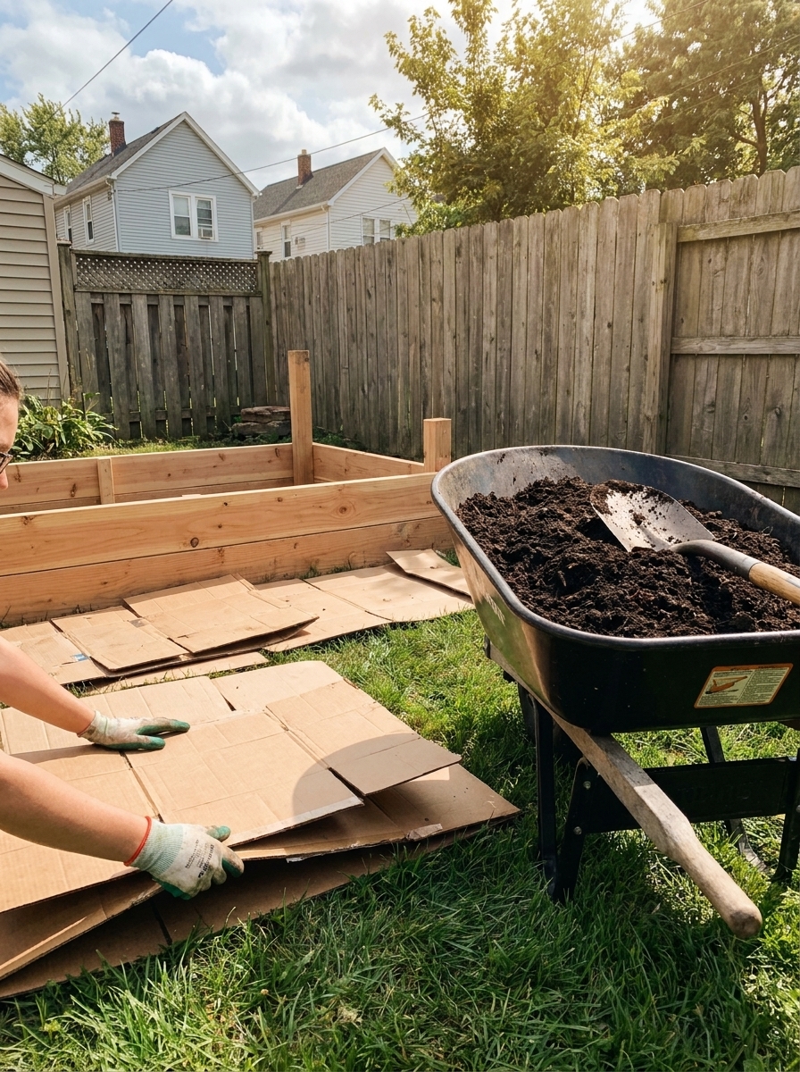 Hands layering cardboard and compost to build a no-dig raised garden bed in a small backyard.