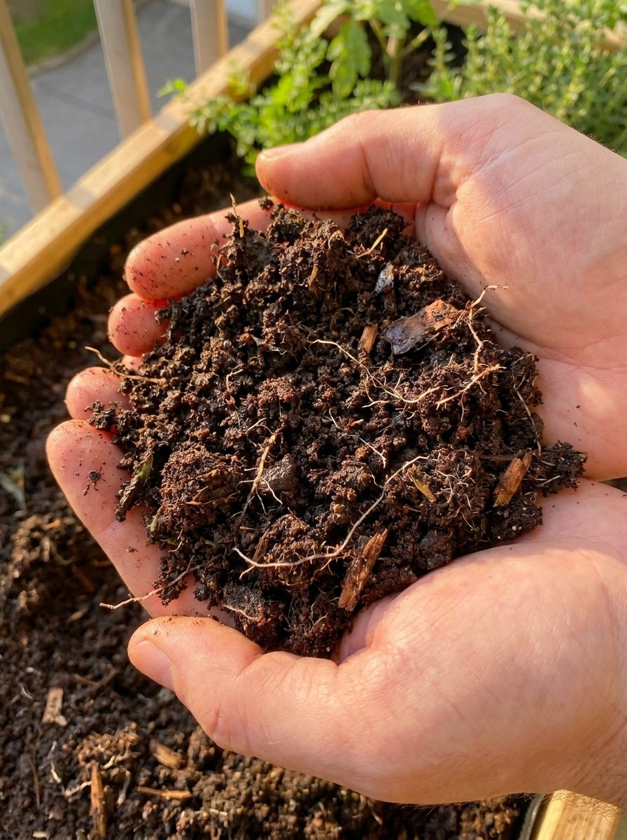 Close-up of healthy, dark garden soil held in cupped hands, showing rich organic texture.