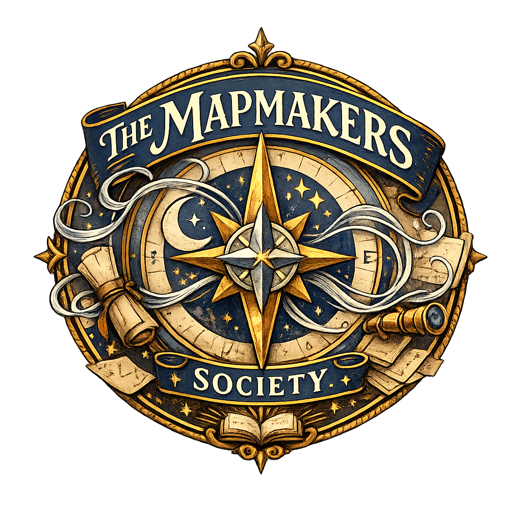 The Mapmakers Society logo featuring a vintage compass and map design in warm parchment tones, representing monthly mystery reading adventures for children ages 7 to 12.