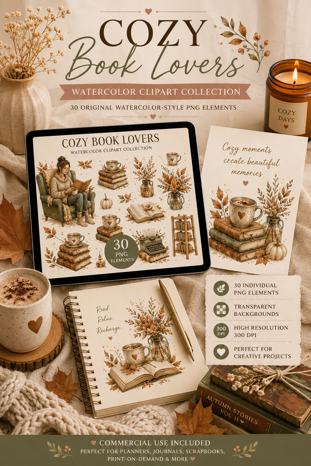 Cozy Book Lovers watercolor clipart bundle preview with books, coffee, tea and autumn details