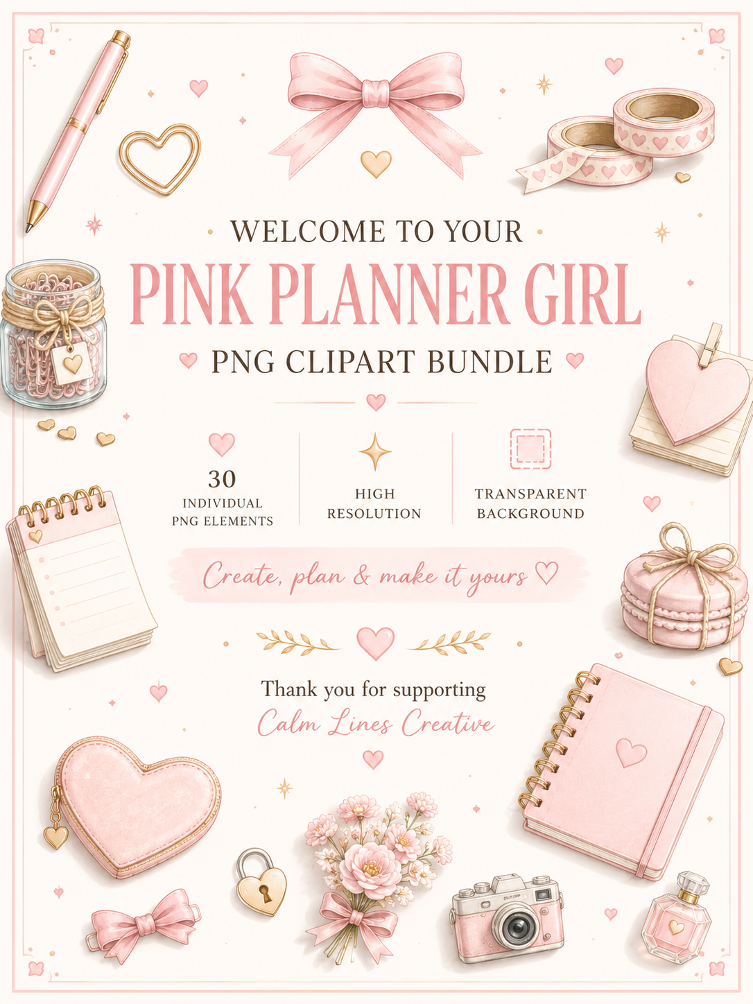 Pink Planner Girl PNG Clipart Bundle with 30 feminine planner elements, bows, florals, coffee and stationery