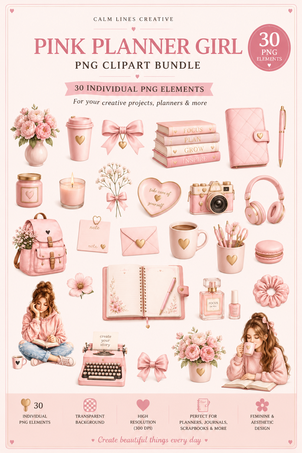 Pink planner clipart preview with stationery, coffee, florals and bows