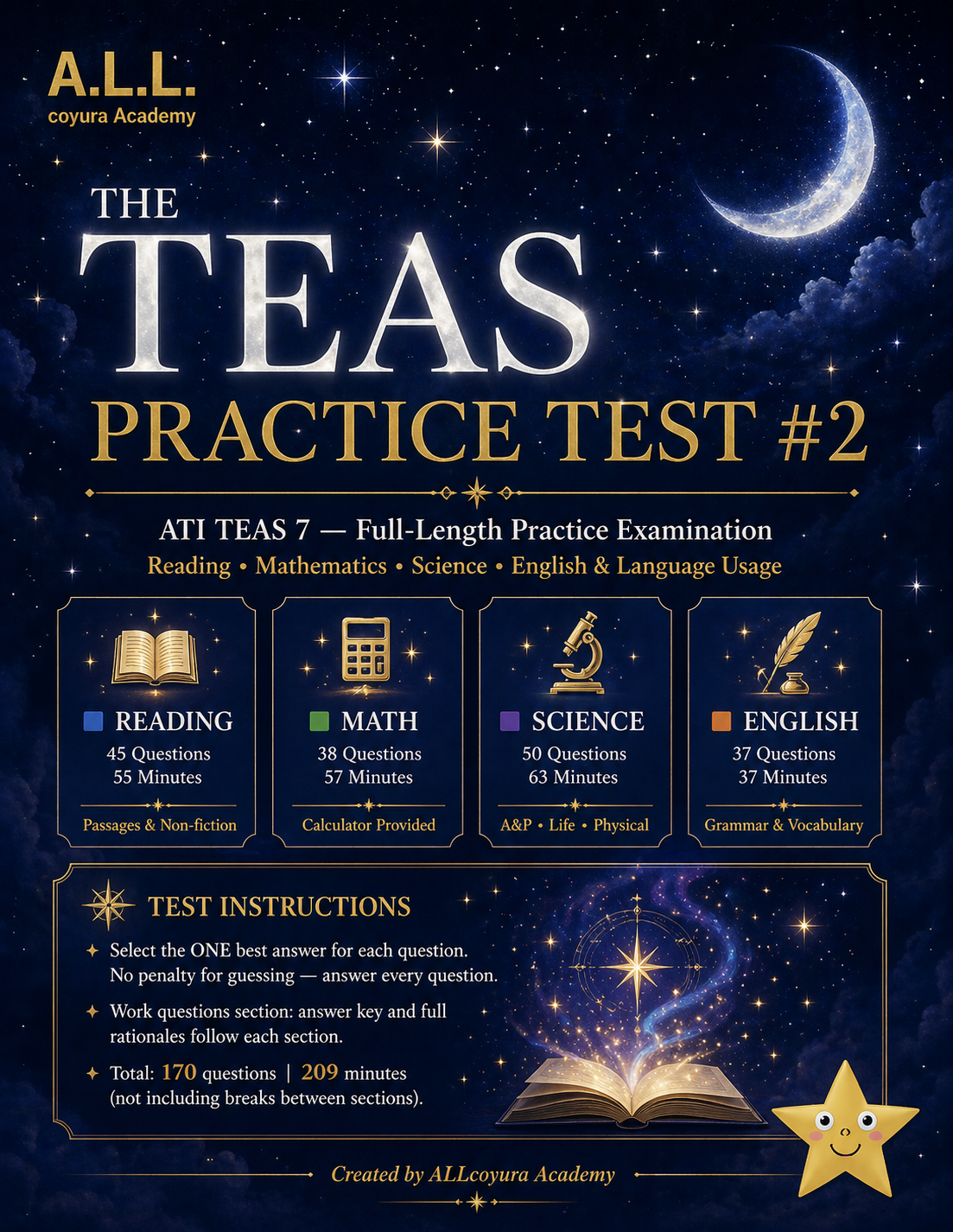 TEAS 7 Practice Test #2 | Full-Length 170 Question Exam + Answer Key & Rationales | Reading, Math, Science & English | ATI TEAS Study Guide