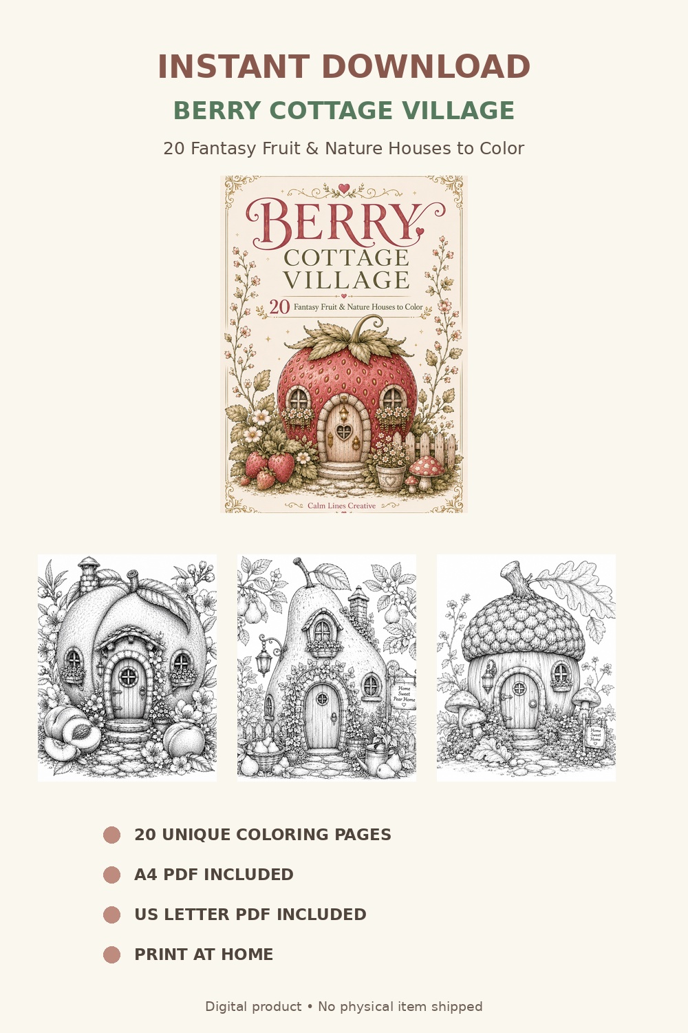 Instant download printable coloring book with 20 fantasy fruit house coloring pages in A4 and US Letter