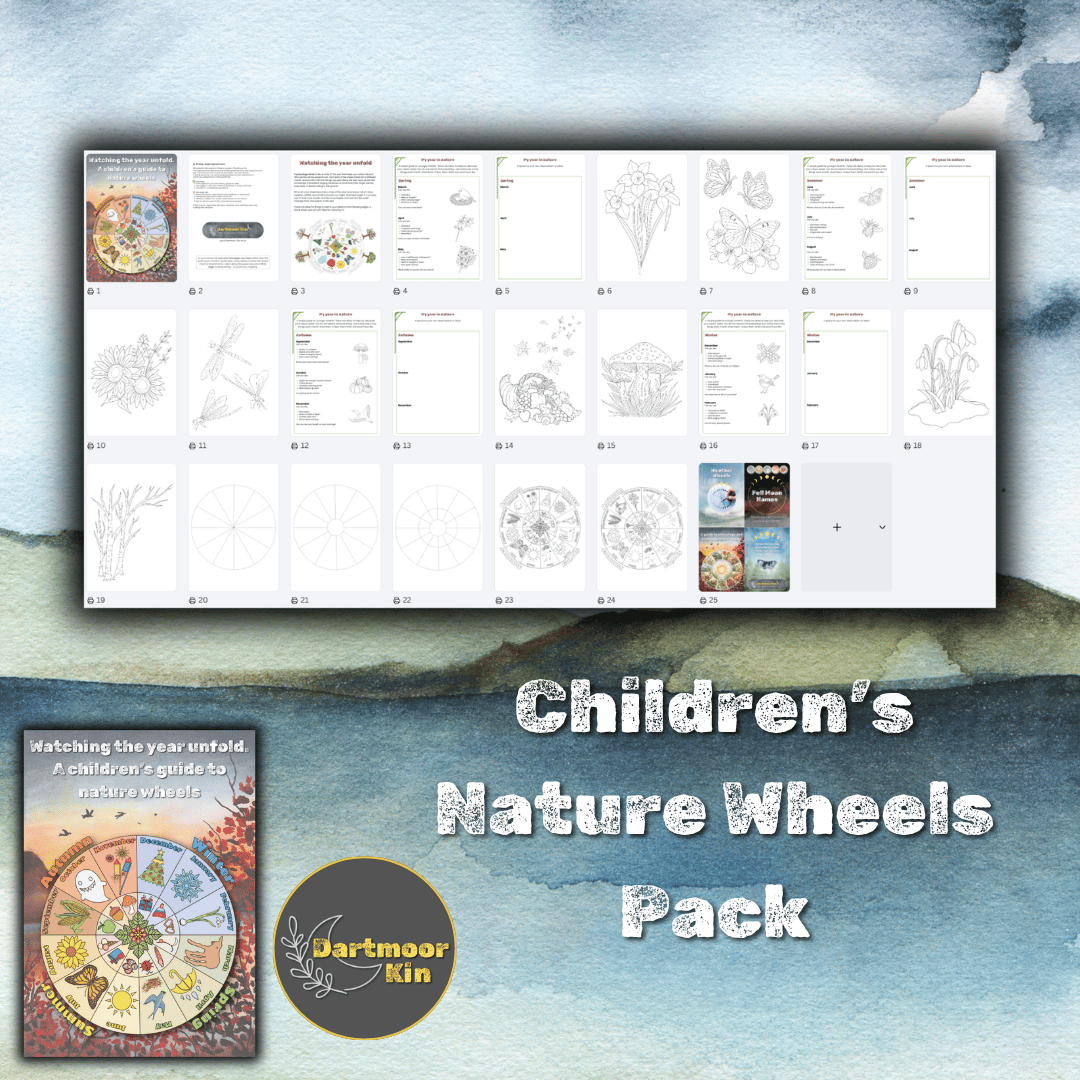 Printable children’s nature wheels pack with seasonal spotting pages, simple observation prompts, a blank nature wheel, and colouring pages for year-round nature study.