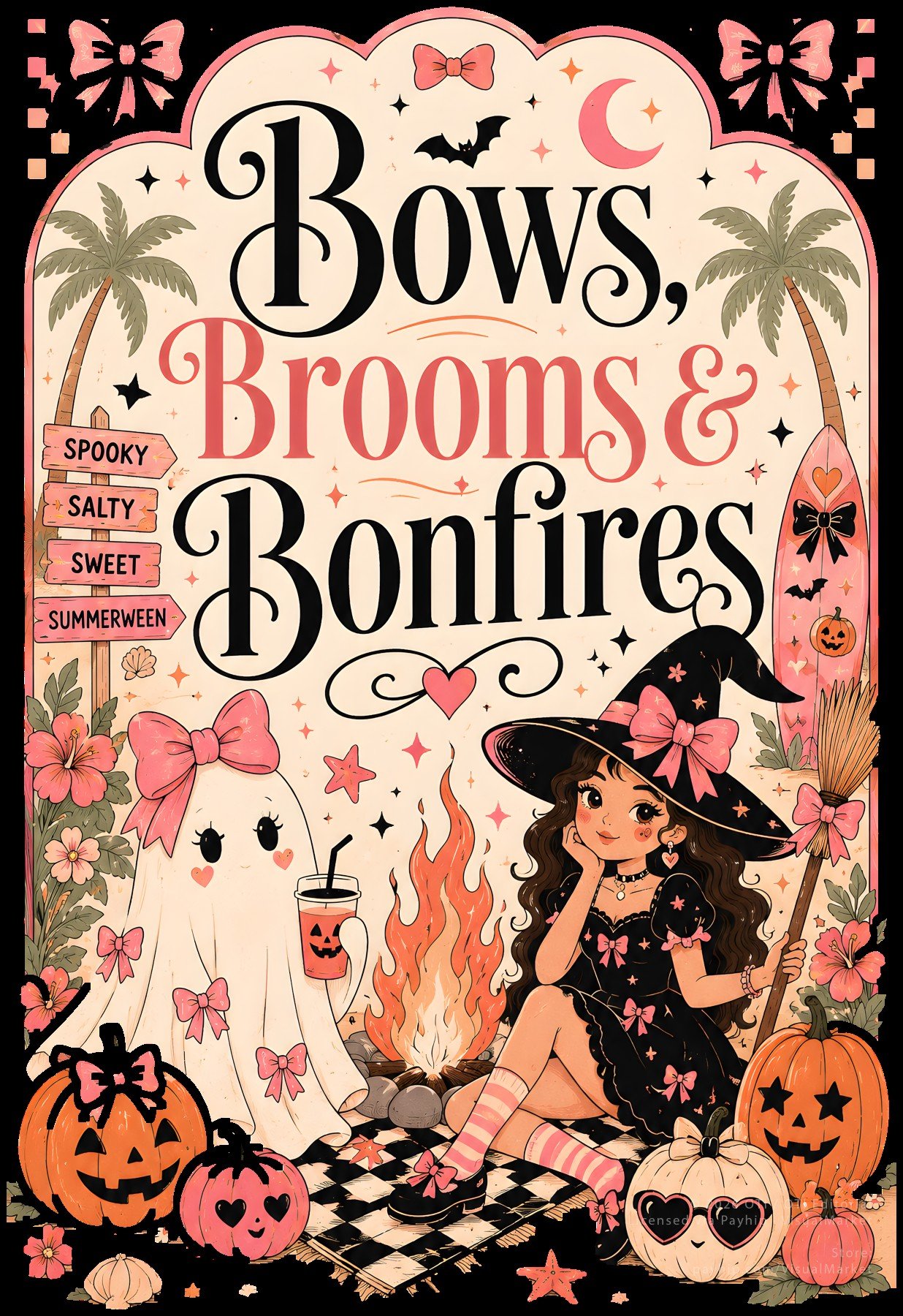 A collage of 10+ Summerween-themed vintage illustrations featuring witches, ghosts, and pumpkins in a pastel pink and orange color palette with tropical palm tree motifs.