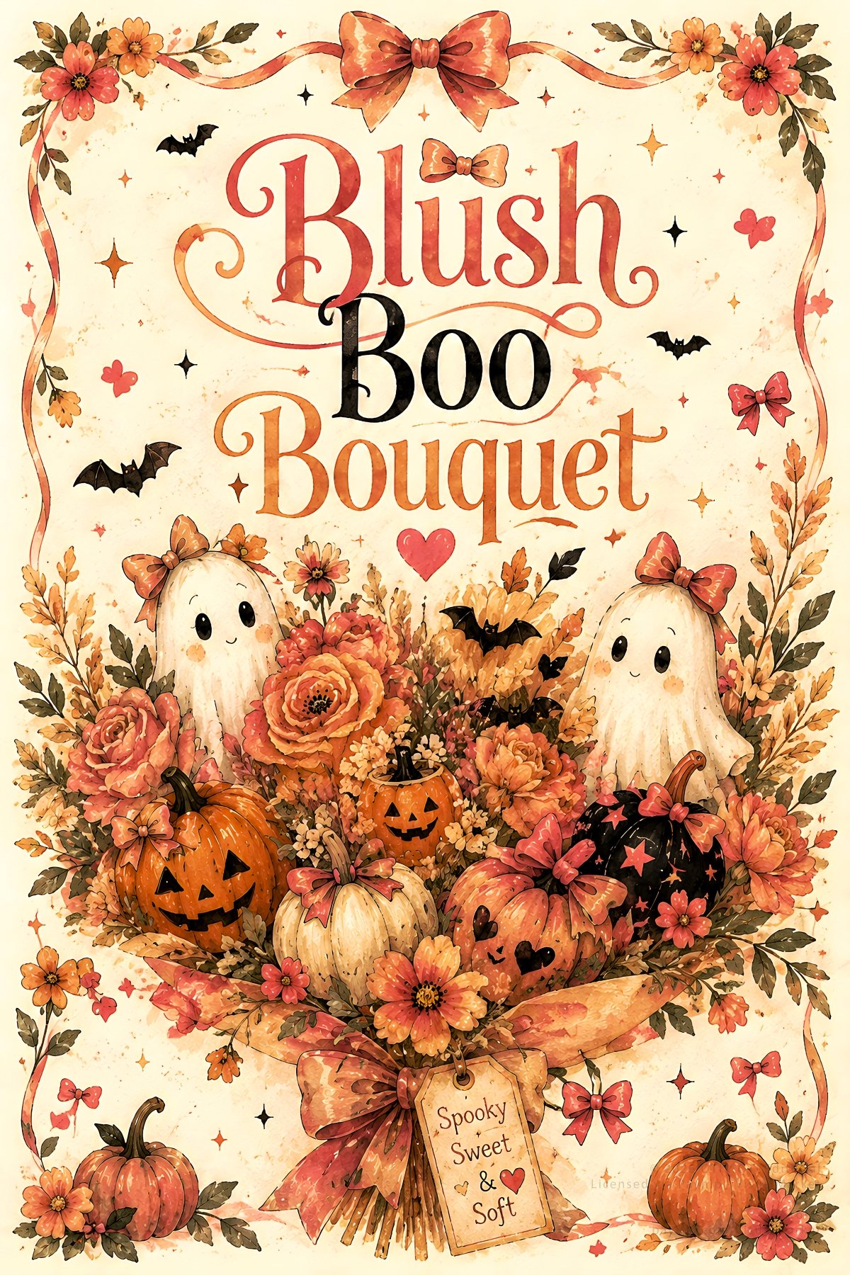 A collage of 10+ Summerween-themed vintage illustrations featuring witches, ghosts, and pumpkins in a pastel pink and orange color palette with tropical palm tree motifs.