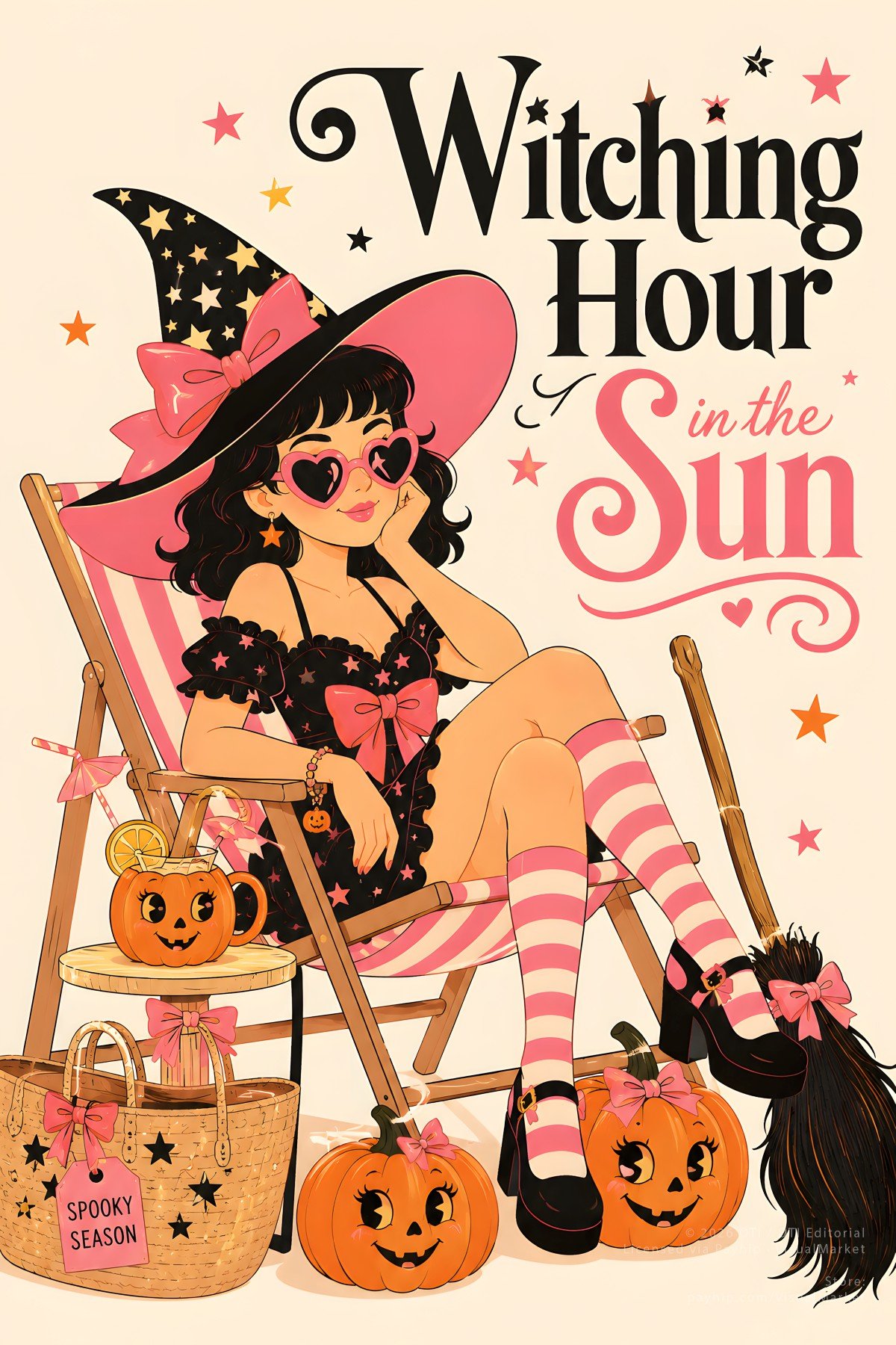 A collage of 10+ Summerween-themed vintage illustrations featuring witches, ghosts, and pumpkins in a pastel pink and orange color palette with tropical palm tree motifs.