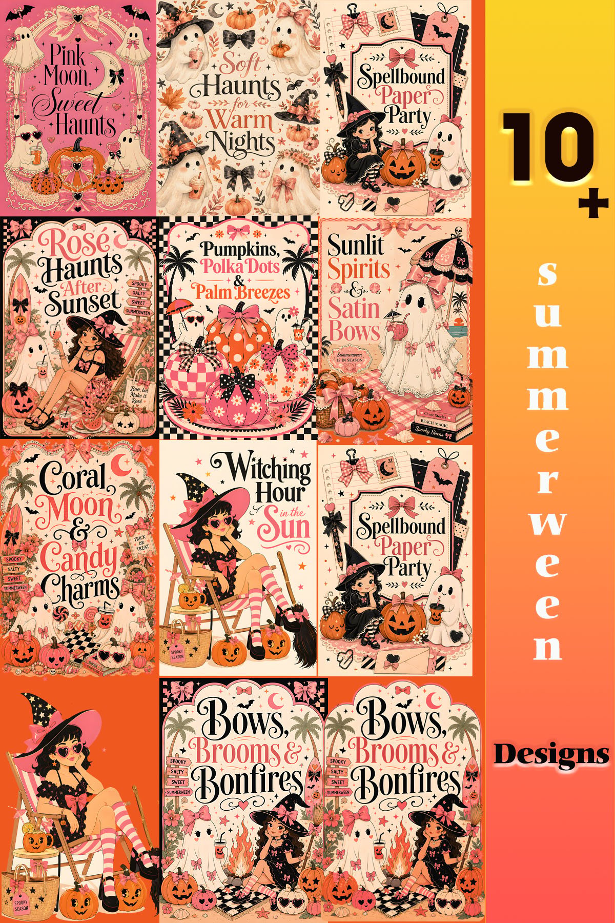 A collage of 10+ Summerween-themed vintage illustrations featuring witches, ghosts, and pumpkins in a pastel pink and orange color palette with tropical palm tree motifs.
