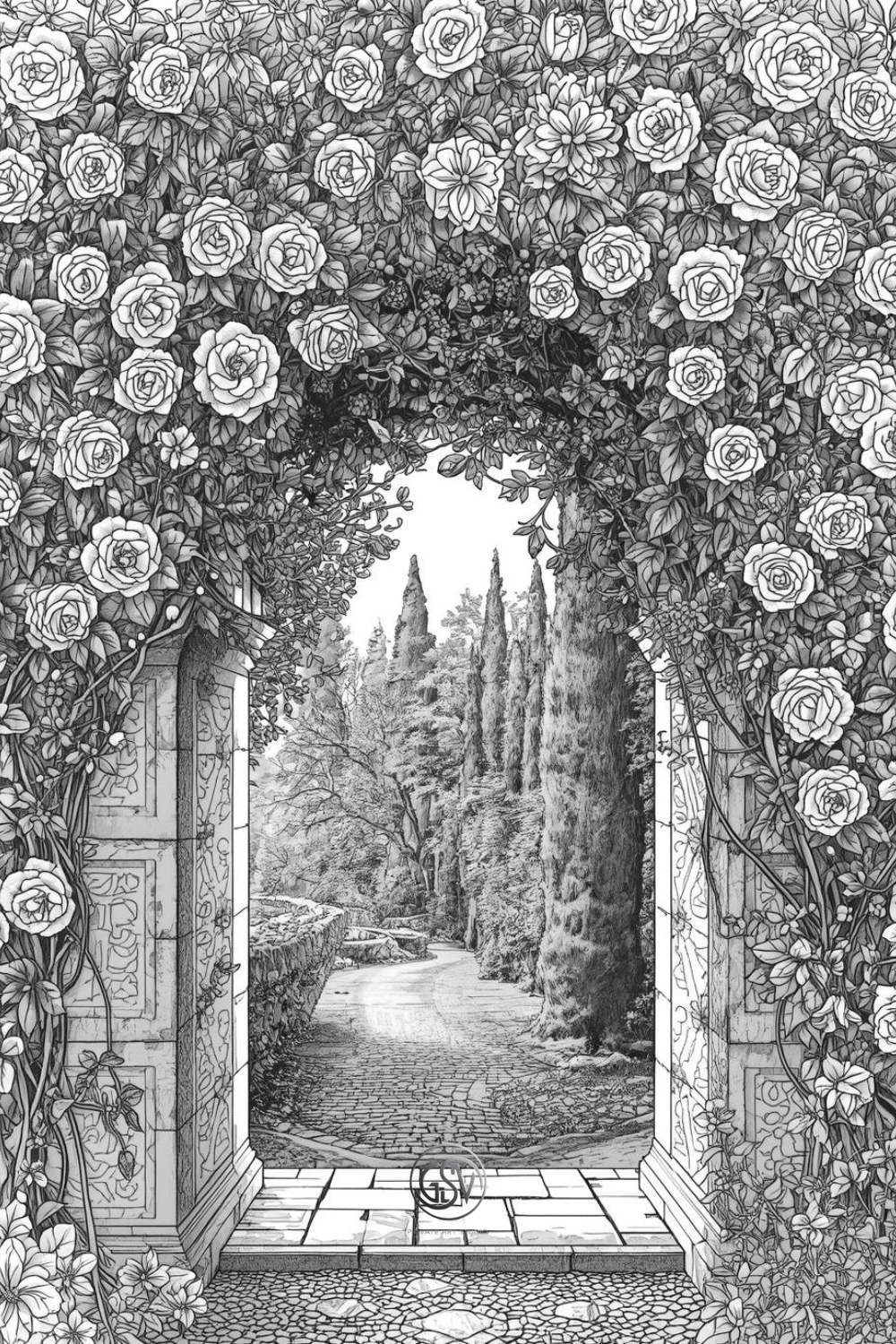 Detailed wood-engraving coloring page of an abandoned garden path through a stone arch covered in roses.
