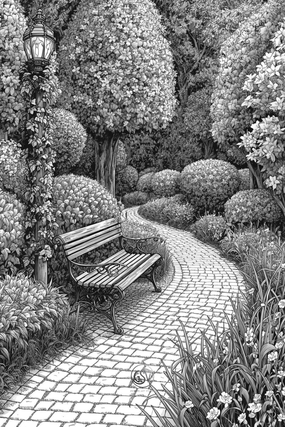 Intricate black and white coloring page featuring a vintage park bench on a winding cobblestone path.