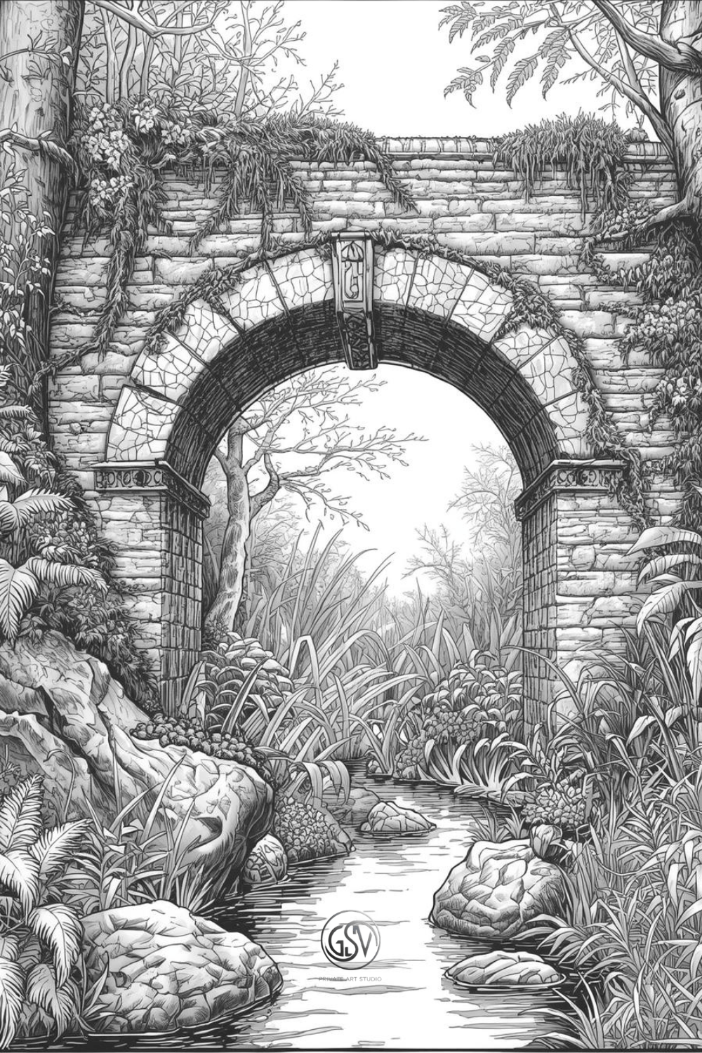 Detailed engraving style coloring page of a forest creek flowing under an ancient stone arch bridge.