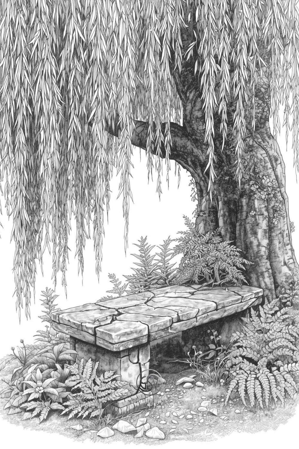 Botanical wood-engraving coloring page showing an old stone bench under a large weeping willow tree.