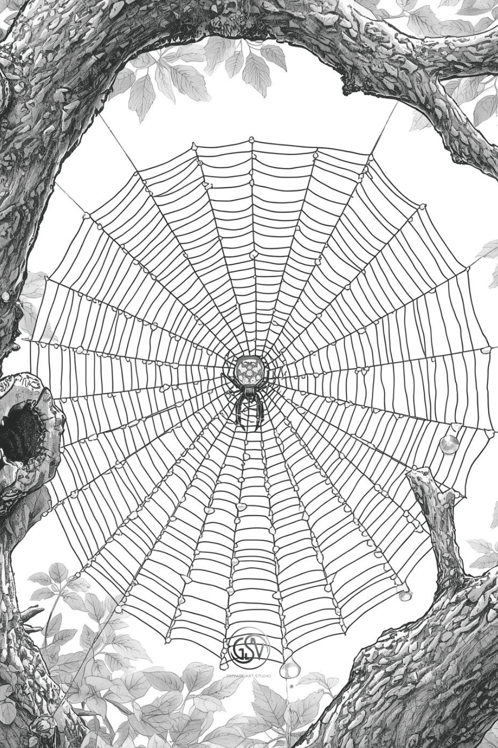 Close-up coloring page of a detailed spider in a large symmetrical web between textured tree branches.