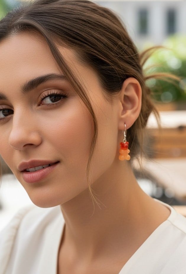 Model wearing handmade sunset gummy bear resin drop earrings