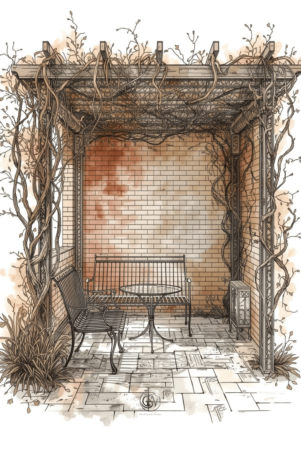Watercolor illustration of a vine-covered pergola with wrought-iron chairs and table on a stone patio, old town garden nook art