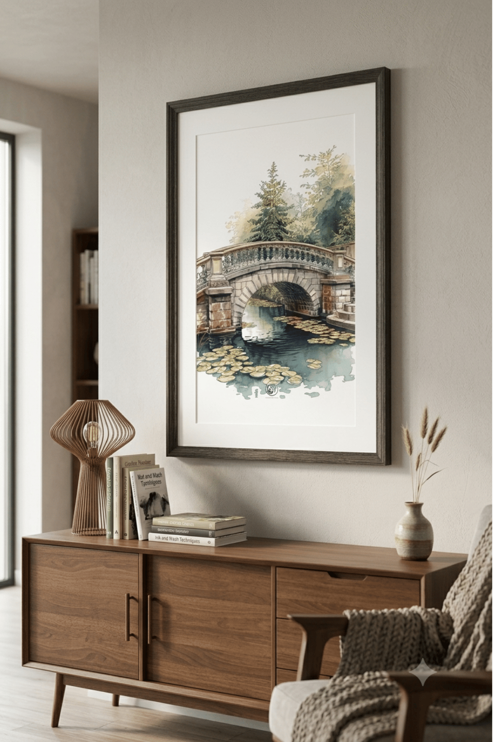 Watercolor illustration of a stone arch bridge over a pond with lily pads and pine trees, old town park scene