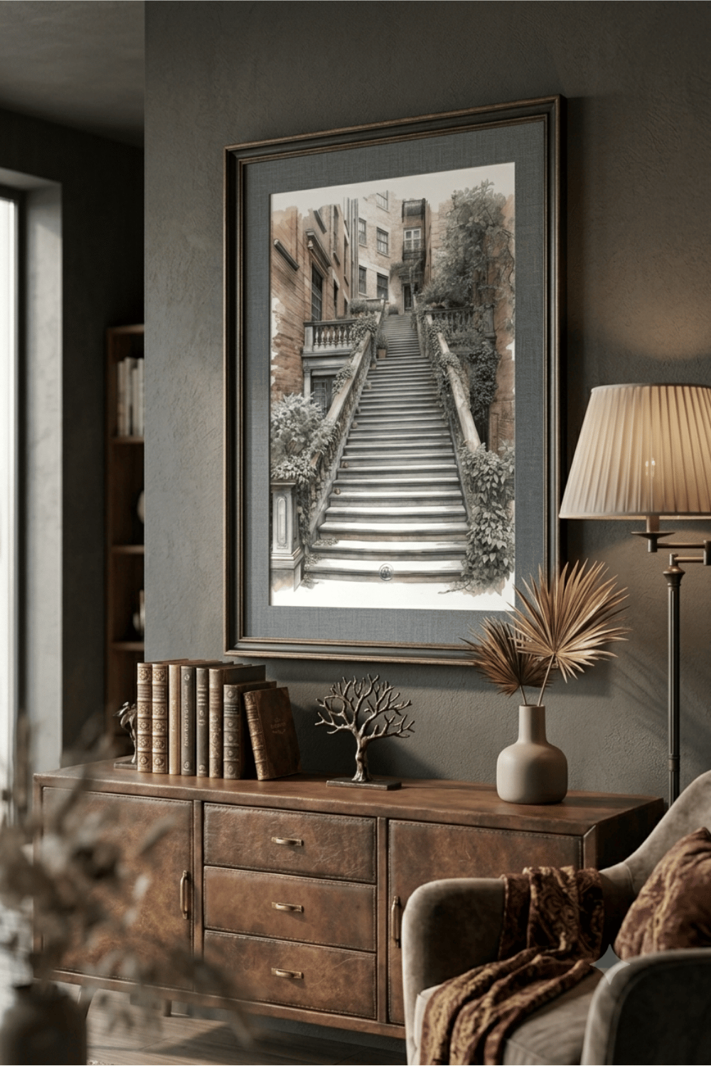 Watercolor illustration of a grand stone staircase between brick townhouses covered in ivy, old town courtyard steps