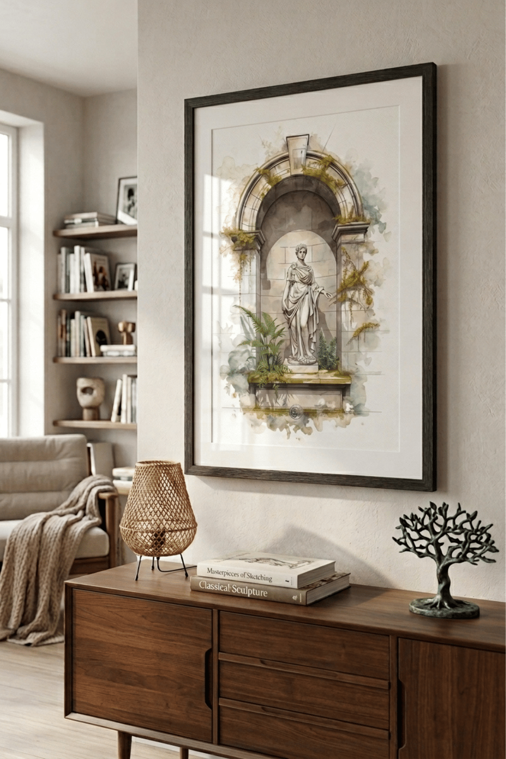 Watercolor illustration of a classical marble statue in a mossy archway niche with ferns, old town garden art