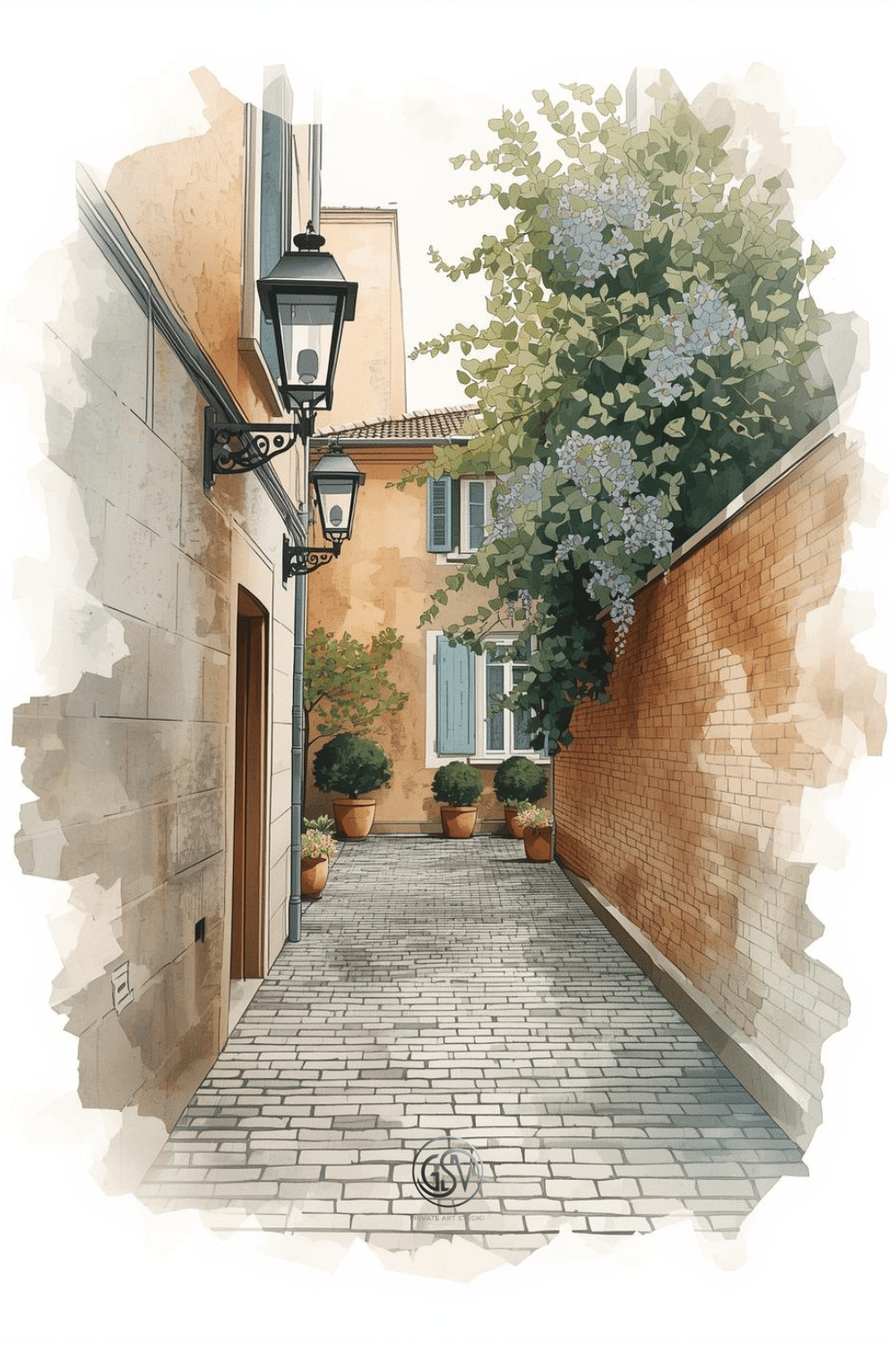 Watercolor illustration of a narrow old town alley with lanterns, potted plants, and blooming wisteria vine