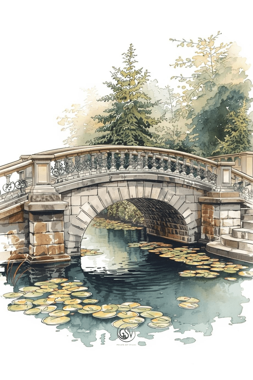Watercolor illustration of a stone arch bridge over a pond with lily pads and pine trees, old town park scene