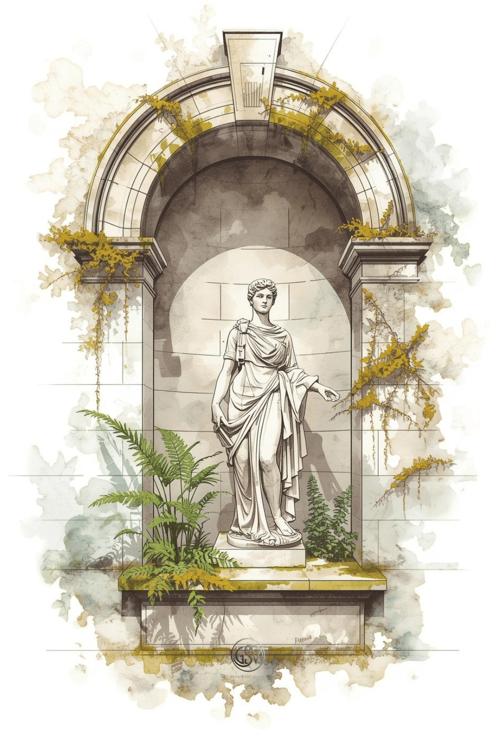 Watercolor illustration of a classical marble statue in a mossy archway niche with ferns, old town garden art