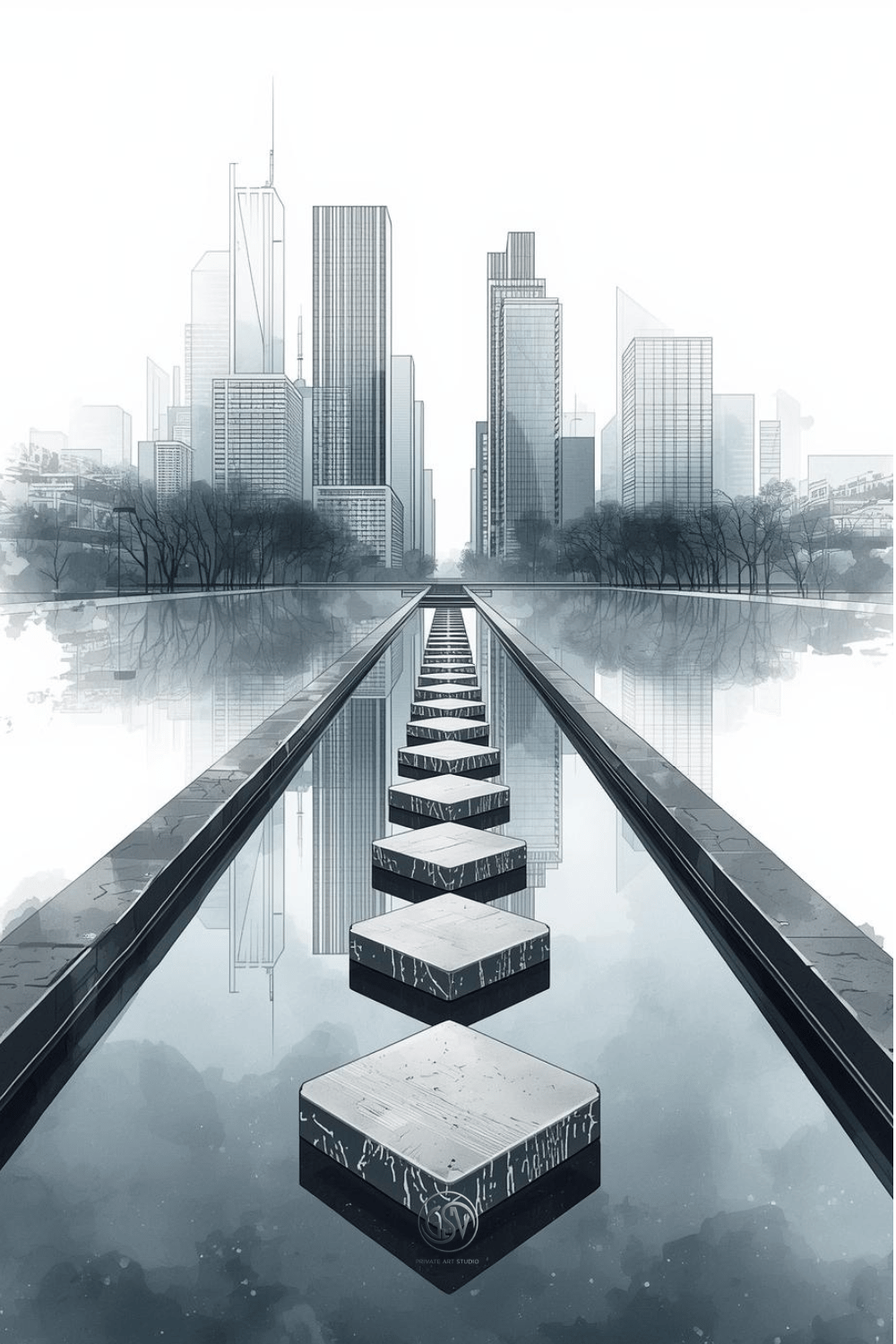 Watercolor illustration of a stepping-stone path across a reflecting pool leading to modern glass skyscrapers, minimalist city skyline art