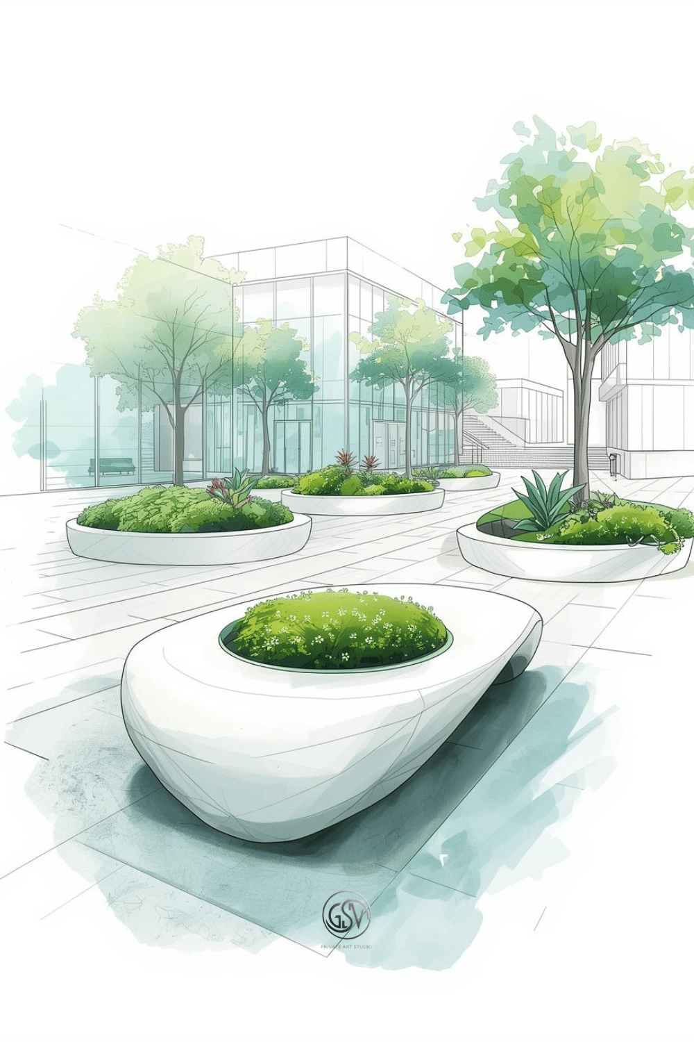 Watercolor illustration of a modern courtyard with rounded concrete planters and trees, minimalist urban landscape art