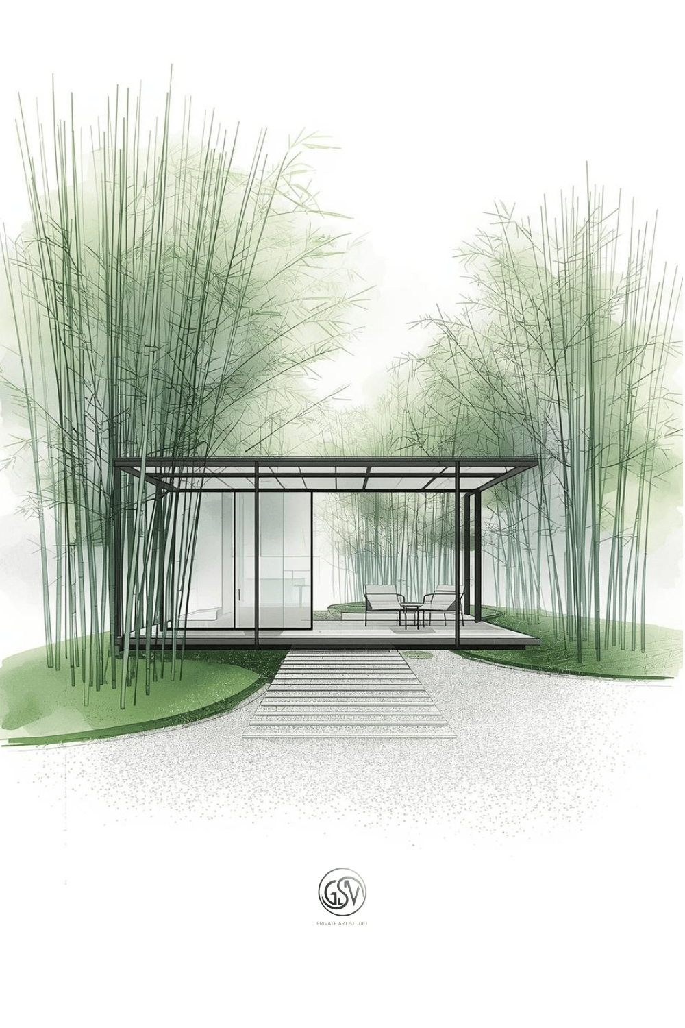 Watercolor illustration of a glass pavilion nestled in a bamboo grove, modern minimalist garden architecture
