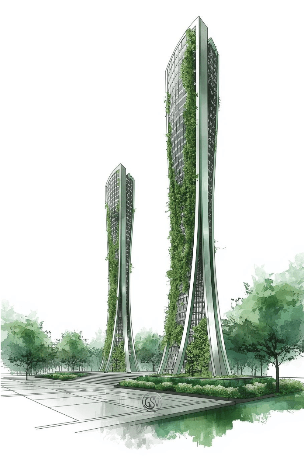 Watercolor illustration of vine-covered modern skyscrapers rising above a park, green architecture illustration