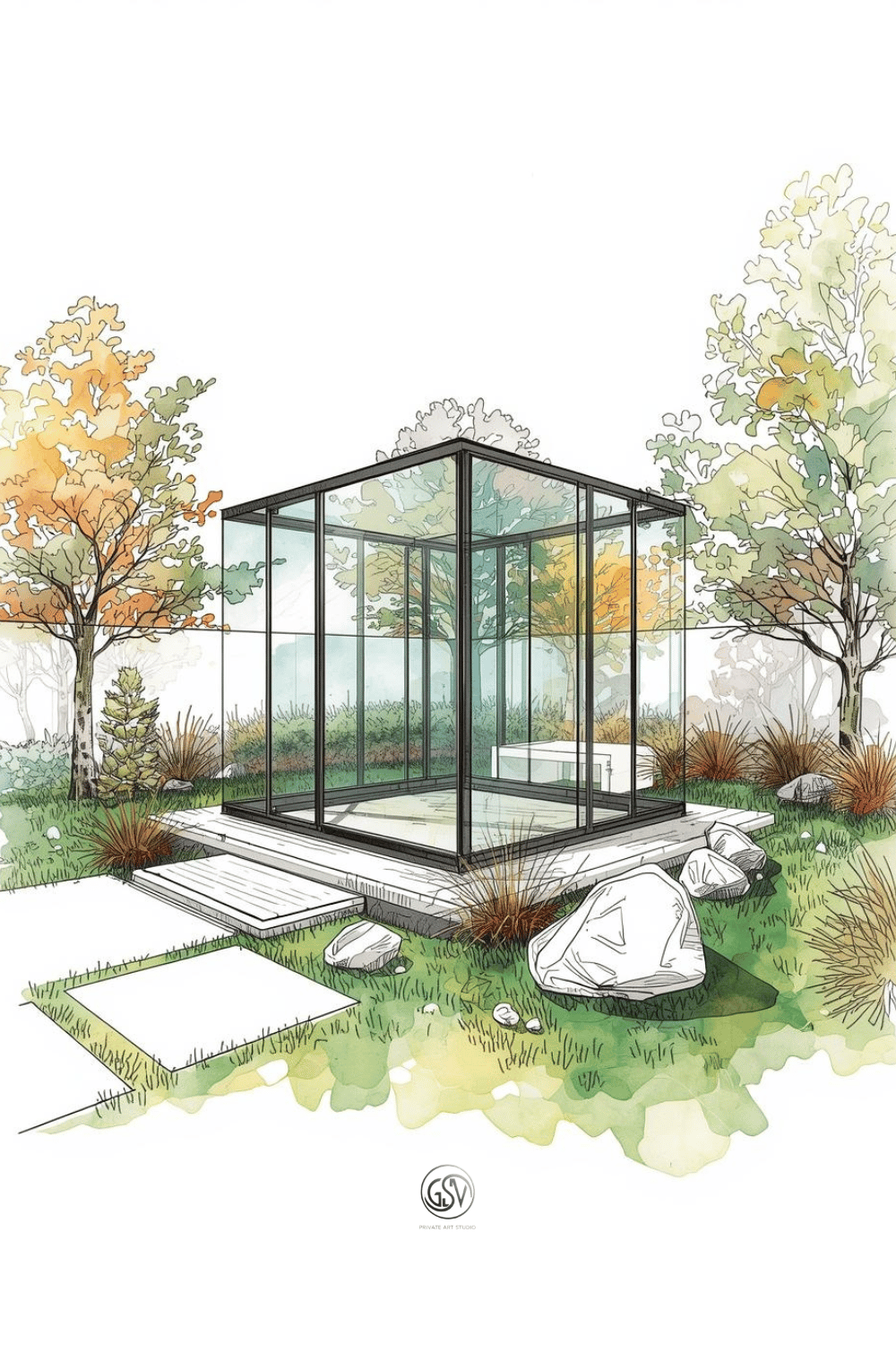 Watercolor illustration of a glass garden pavilion surrounded by boulders and autumn trees, modern zen garden art