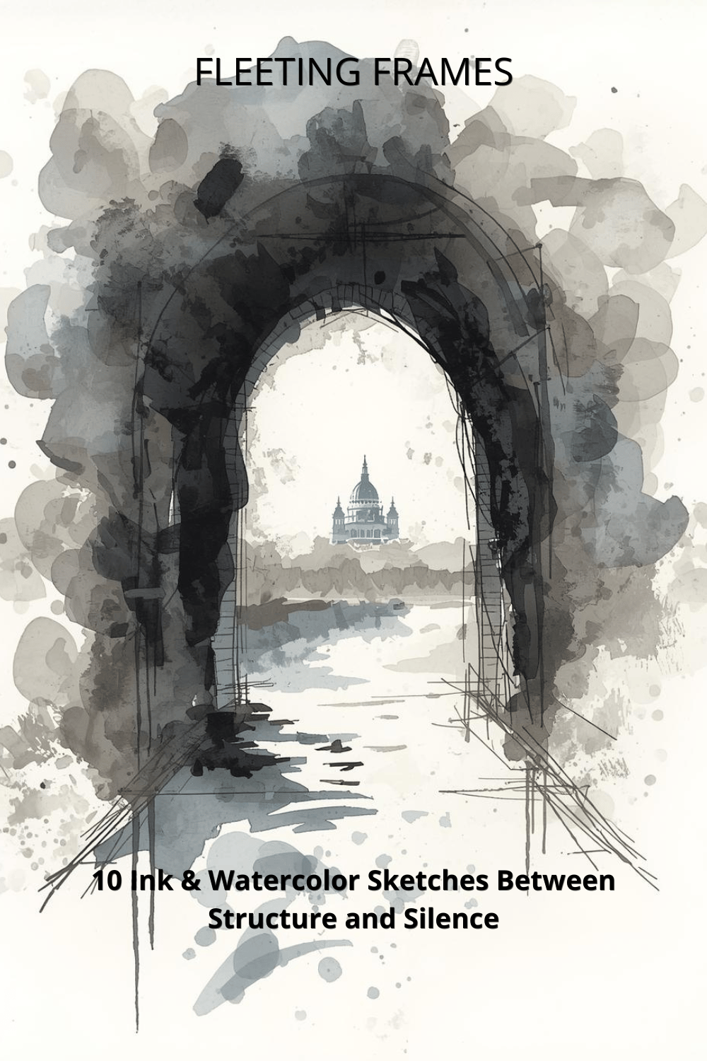 FLEETING FRAMES book cover, ink and watercolor sketch of a stone archway framing a distant cathedral, expressive architectural sketchbook